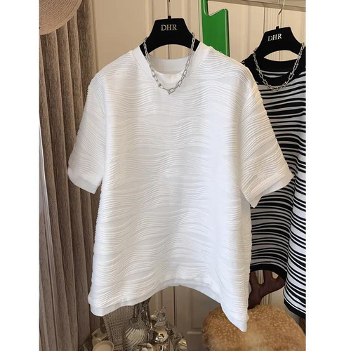 Textured, 3D Wave-Design Short-Sleeve T-Shirt for Women – Summer, Loose-Fit, Versatile, Instagram-Fashionable, High-End, Niche-Style Half-Sleeve Top