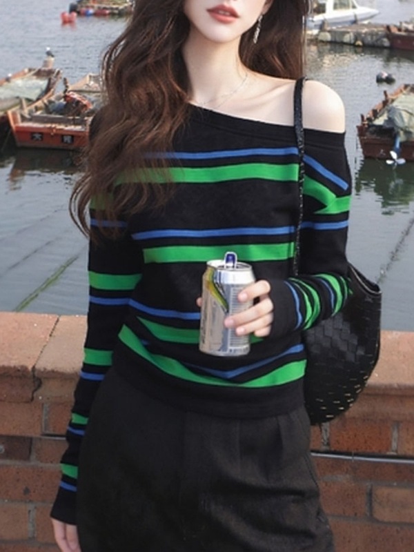 独特超好看上衣韩系慵懒风松弛感小众不撞款斜肩条纹T恤针织衫秋|undefined