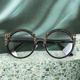 复古圆形眼镜女欧美时尚金属光学平光眼镜框电商跨境超轻可配近视
