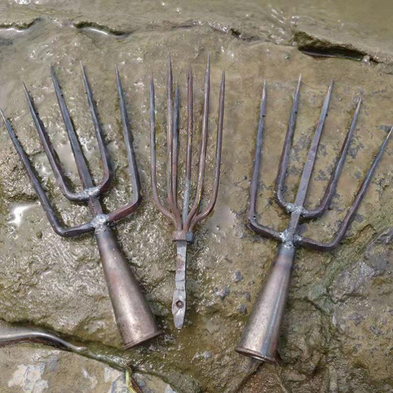 锻打插鱼实心多功能七齿鱼叉叉鱼手工老式倒刺铁叉子老式叉头大跨