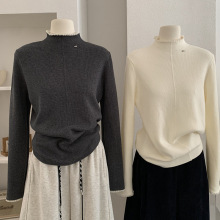 欧玛莱 蕾丝拼接立领加绒加厚长袖针织衫纯色修身打底衫毛衣 5473