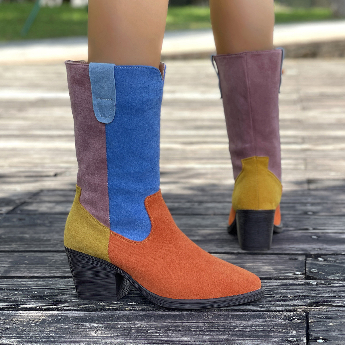 Women's Color Blocked Pointed Toe Riding Boots plus Size Slip on mid Heel Western Style Shoes for Autumn_voghion.com