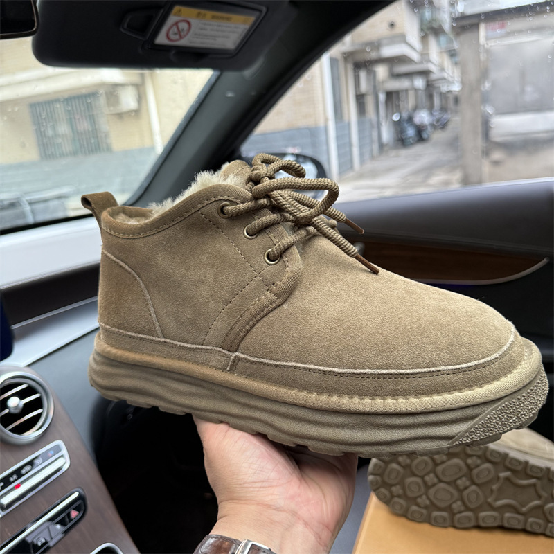 2025 새로운 남성 스노우 부츠 소 가죽 양모 따뜻한 캐주얼 레이스 업 플러스 벨벳 신발 겨울 미끄럼 방지 부드러운 바닥 대형