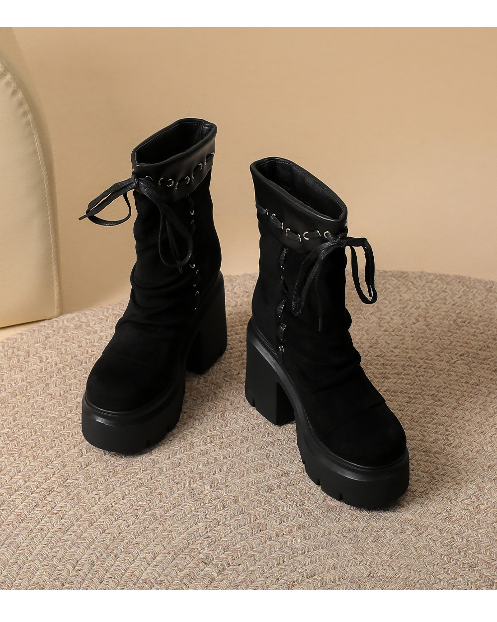 Boot nữ da lộn mũi tròn gót 12 cm dây buộc phong cách retro — nhung đen chi tiết 12