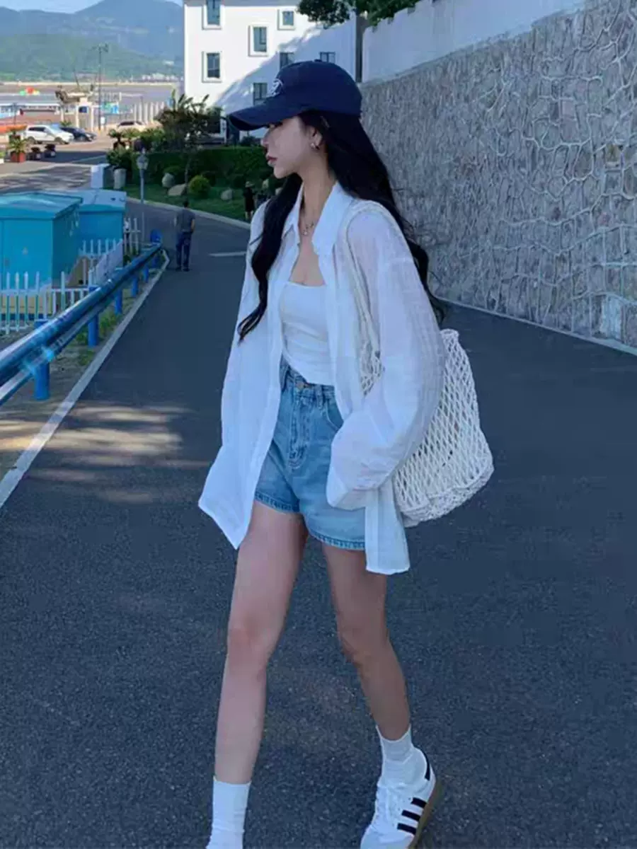 韩系白色防晒长袖衬衫女夏装薄款新款宽松慵懒风衬衣休闲外套上衣