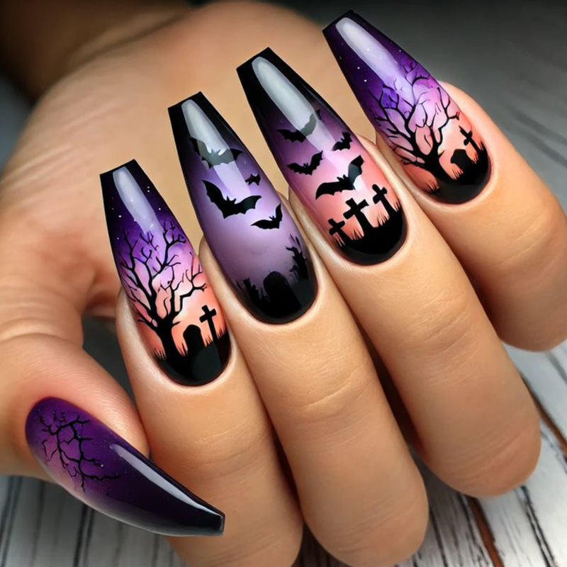 Halloween Wear Nails Medium Length Ballet Black Purple Gradient Branch Bat Pattern Removable Fake Nails