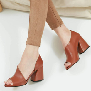European and American Foreign Trade Summer Wedge Sandals Women's Breathable Fishmouth Shoes Side Empty Shoes Solid Color Stitching Chunky Heel Women's Shoes