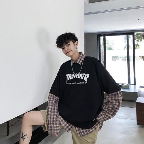 Men's trendy T-shirt, Korean style, Hong Kong fashion, popular influencer clothes, men's 5.5-inch half-sleeve, Instagram short sleeve, men's loose clothing