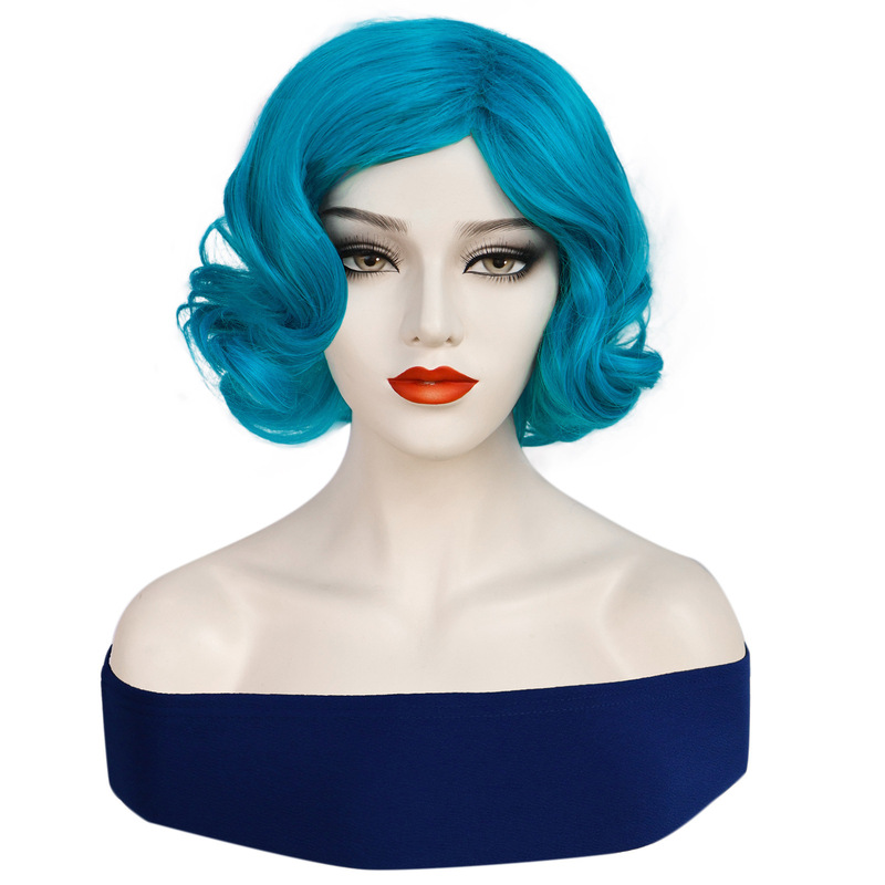 Longyuan European and American 80S Retro Fluffy Wavy Short Curly Hair Glazed Blue New Chinoiserie Cheongsam Wig