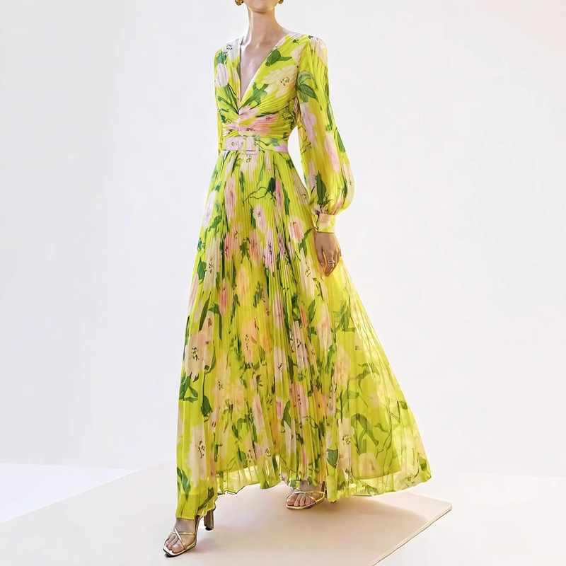Foreign Trade Niche European and American Pleated Floral Dress Women's Extra Long Skirt Slimming Floral Long Skirt Spring and Autumn