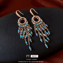 民族风锆石镂空椭圆形水晶流苏耳环气质重工耳钩复古高级感耳饰女