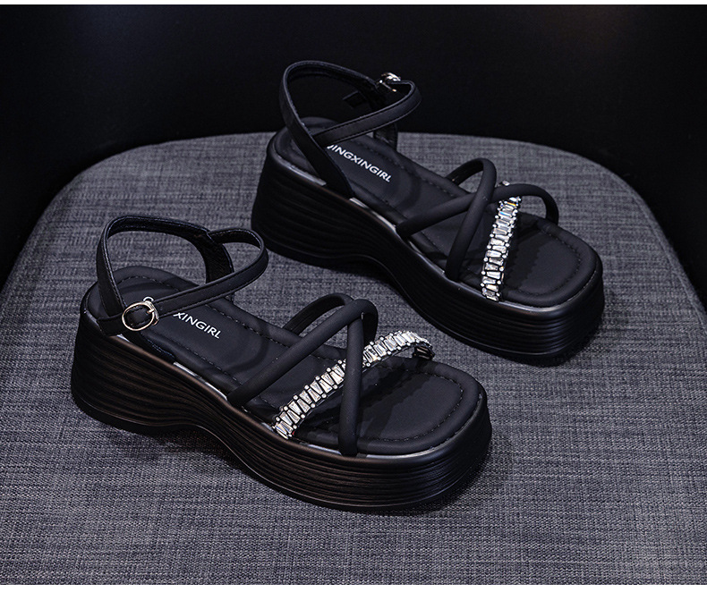 Sandal nữ đế dày đính đá hở mũi gót platform 9 cm — M2901 đen, M2901 be, M2901 bạc chi tiết 14