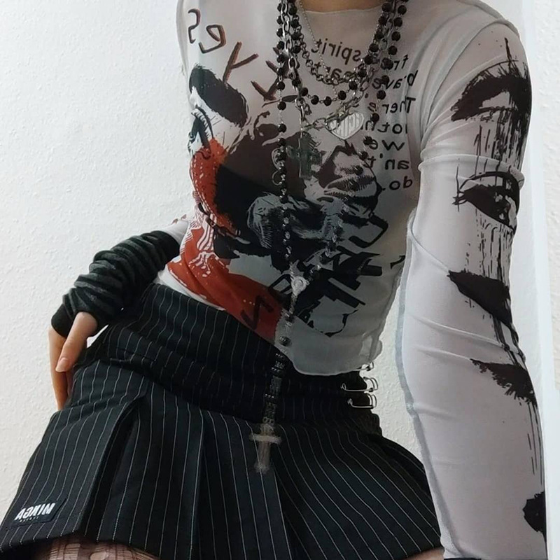 Damen Langarm Mesh Crop Top Mit Rundhalsausschnitt Für Den Alltag_voghion.com