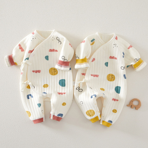 Baby clothes, newborn clothes, spring and autumn, three-layer warm pure cotton, long-sleeved, one-piece, crawling clothes, baby clothes, infant clothes