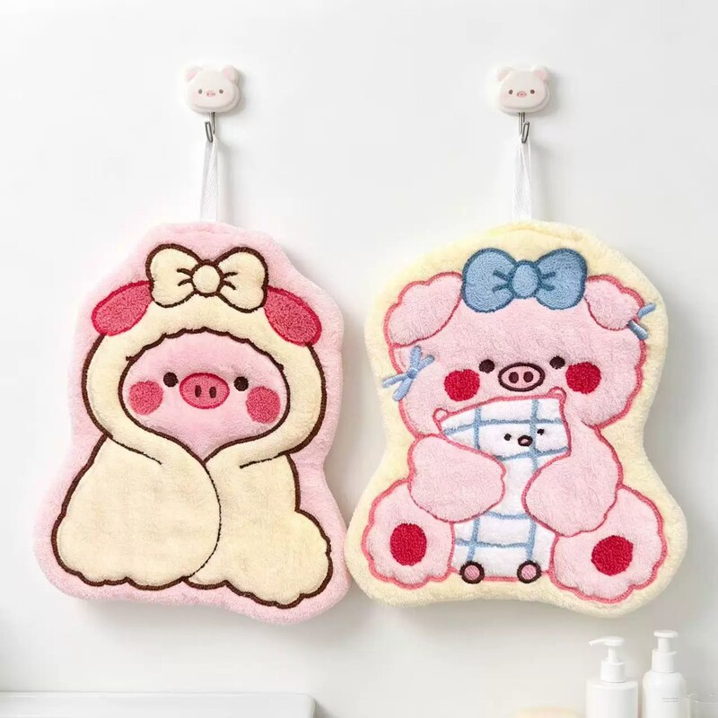 Coral fleece hand towel with cute cartoon animal design, suitable for kitchen and bathroom, soft and absorbent, cute pink pig handkerchief for home use Coral fleece hand towel with cute cartoon animal design, suitable for kitchen and bathroom, soft and absorbent, cute pink pig handkerchief for home use