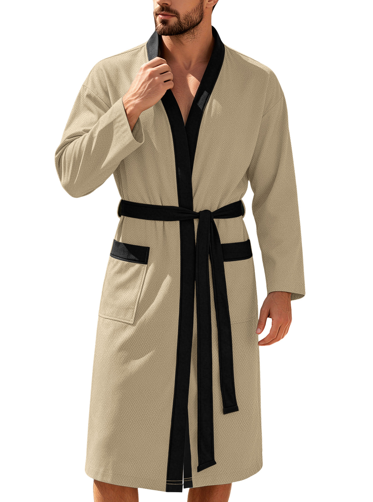Amazon transfronterizo hombre twill lazo doble bolsillo ropa de baño casual hotel correa Europa y América ropa de dormir larga ropa para el hogar