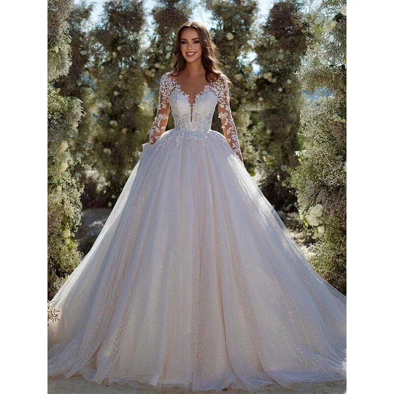 Modern Glitter Tulle Wedding Dress Long Sleeve V-Neck Bridal Gown Bride Dress Robe De Mariée Women