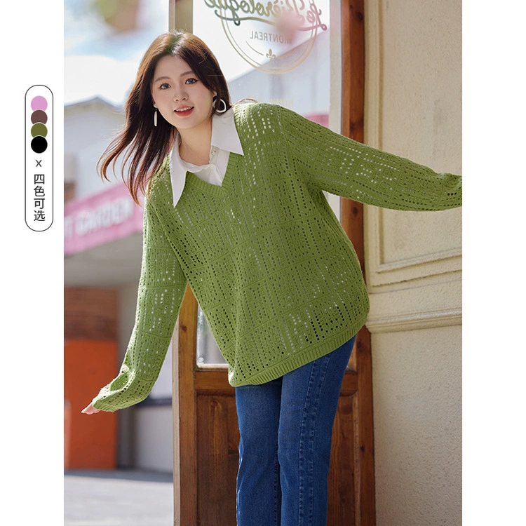 Тонкое шоу 2023 осень Новая женская одежда больших размеров пухлая девушка в Корейском стиле свободный ленивый стиль, скрывающий мясо полый свитер для женщин