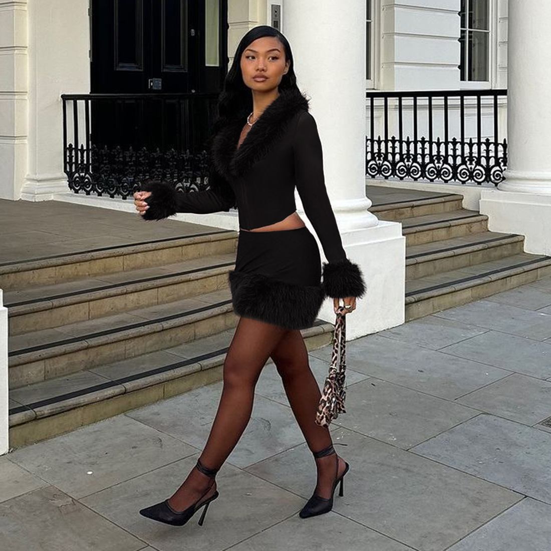 Autumn Winter V Neck Raw Edge Long Sleeves Cropped Top Sheath Skirt Two Piece Sets
