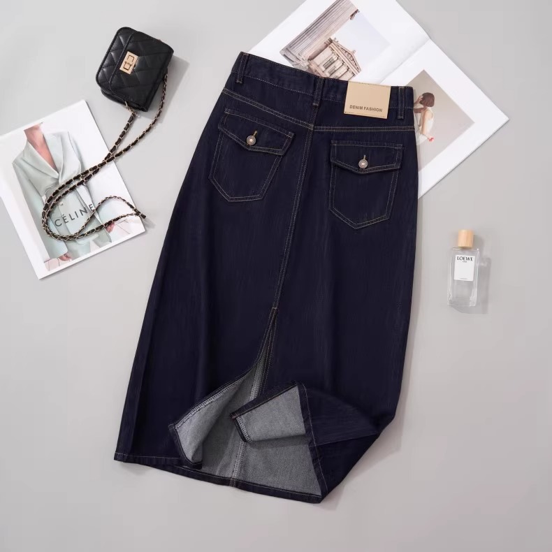 Chân váy denim chữ A Lycell mỏng mùa hè, dáng dài vừa, xẻ tà, rộng rãi tôn dáng — Xanh denim chi tiết 4