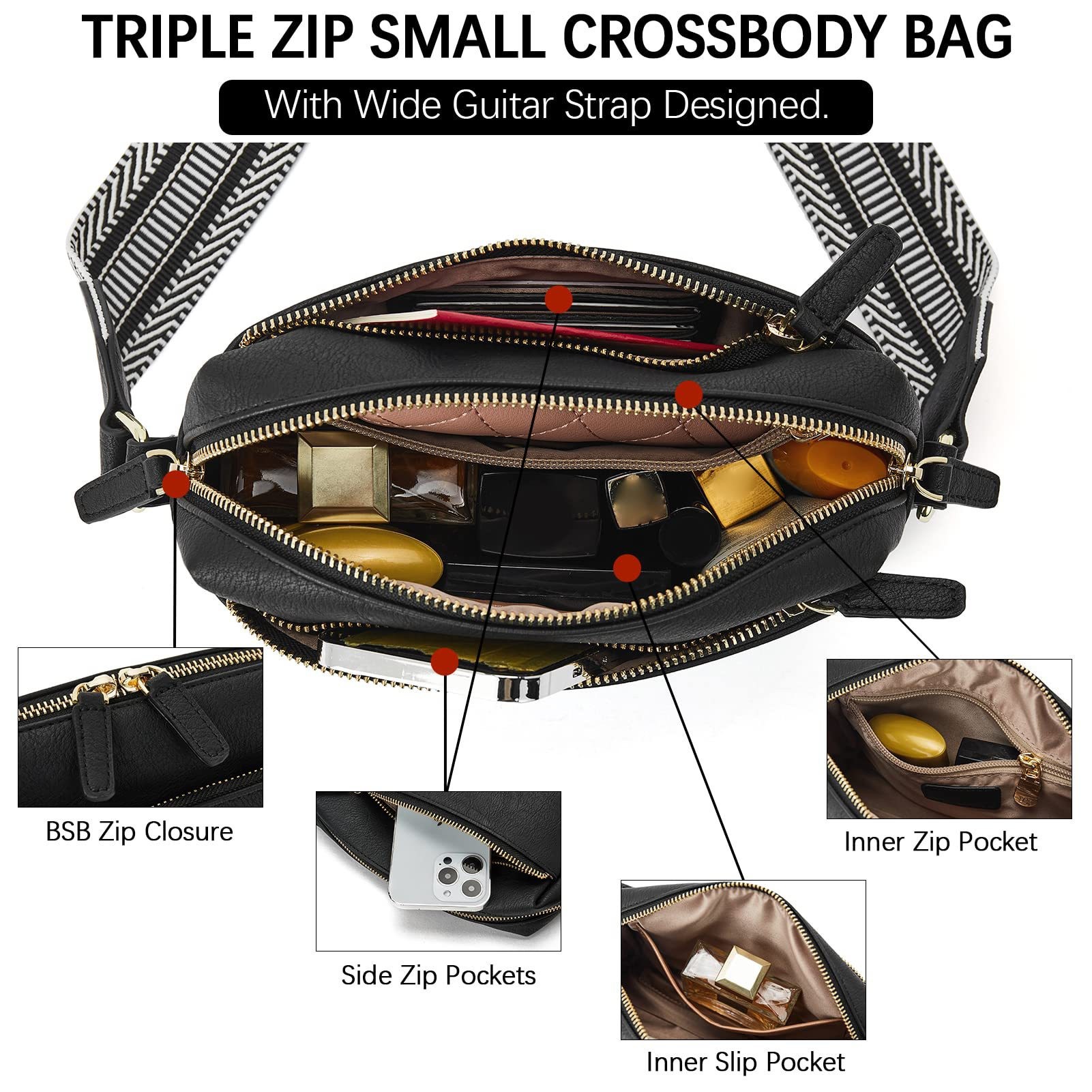 New women's small crossbody bag, three zippered mobile phone newspaper, leather small bag, colored shoulder strap single shoulder bag_voghion.com