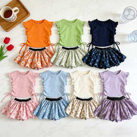 韩版童装跨境女童T恤半身裙套装宝宝休闲甜美清新碎花苞裙童装