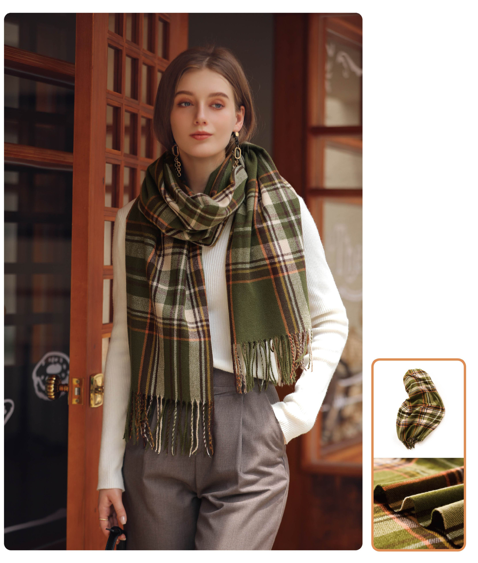 2024 New Winter Fashion Versatile Scarf Style Checkered Warm Tassel Scarf Women's Medium To Long Style_voghion.com