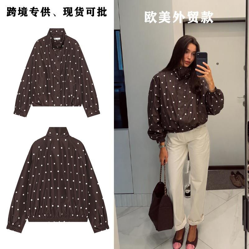 2026 New European and American Cross-Border Retro Polka Dot Short Stand-Collar Polka Dot Bomber Jacket 6318278