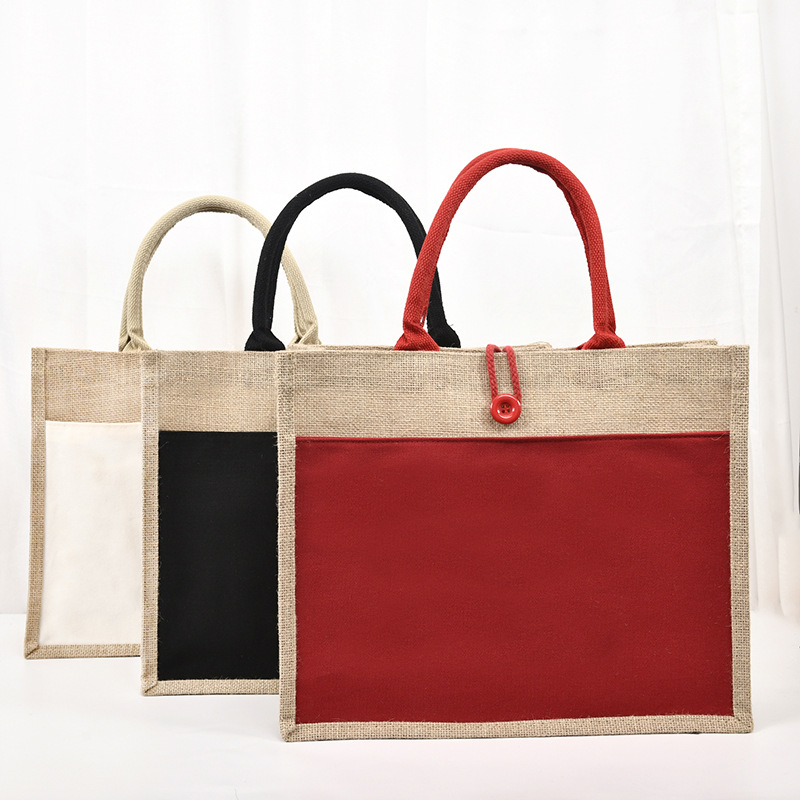 En stock ins estilo botón Portátil Bolsa de lino de gran capacidad impermeable bolsa exterior de Velcro Bolsa De yute al por mayor