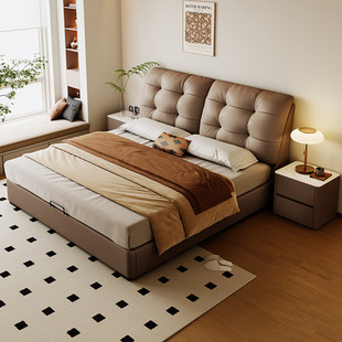 Italian Minimalist Leather Bed, Second-Hand Large Bed, Light Luxury, Modern Simple Solid Wood Soft-Packed Edge Bed, Double Bed, Wedding Bed