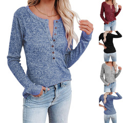 2024 秋冬新アマゾン独立ステーションクロスボーダーヨーロッパとアメリカの服胸ボタンカジュアル長袖 Tシャツ女性のための