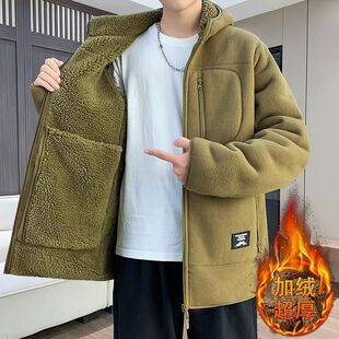 重磅加绒特厚摇粒绒外套男户外连帽加绒加厚夹克多口袋抓绒衣开衫-阿里巴巴
