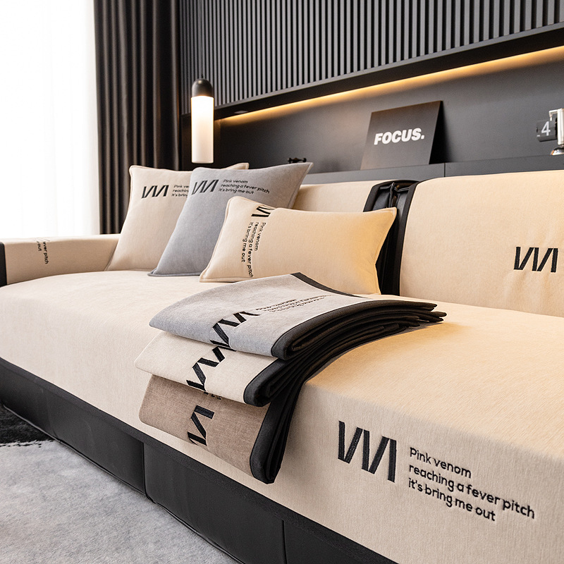 Sofa Cushion, Universal Anti-Slip Cushion for All Seasons, Simple and Fashionable Cartoon Embroidered Sofa Cover, Chenille Sofa Cover Cloth Towel