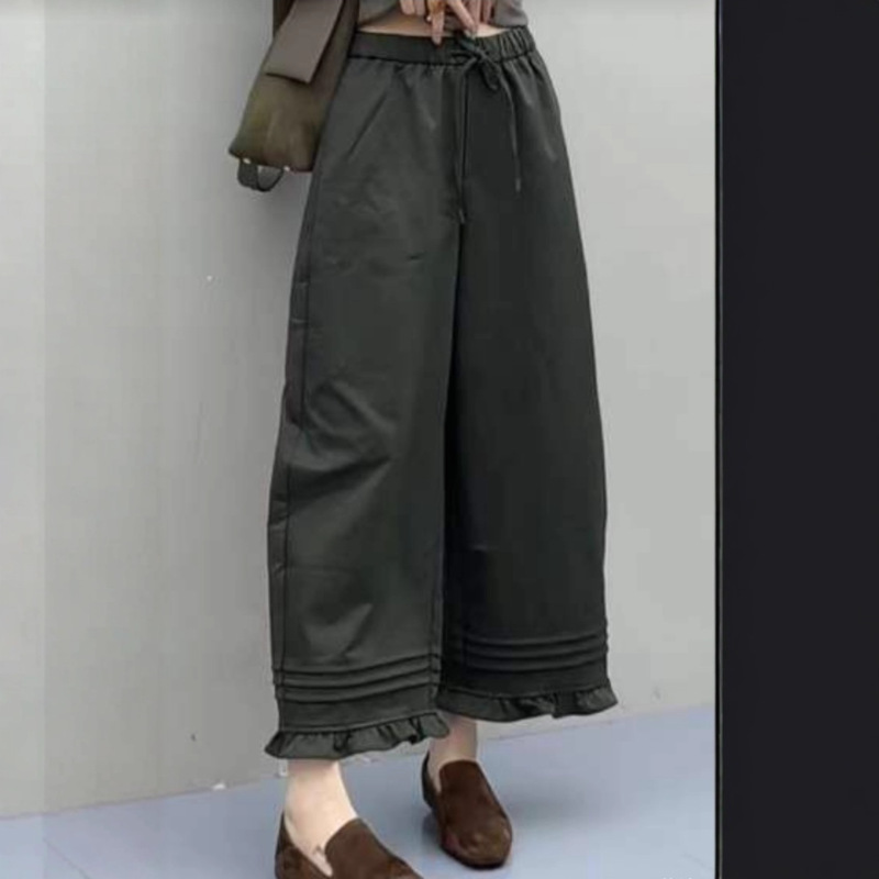 南油女装设计感花边休闲阔腿裤25秋新款气质百搭系带九分裤不退换|undefined