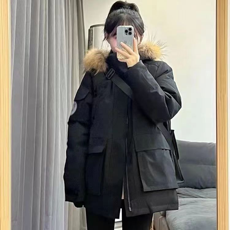 Negro encapuchado cuello de lana ropa de algodón chaqueta de invierno para mujeres 2024 nuevo estilo americano vintage suelto ropa de algodón gruesa moda