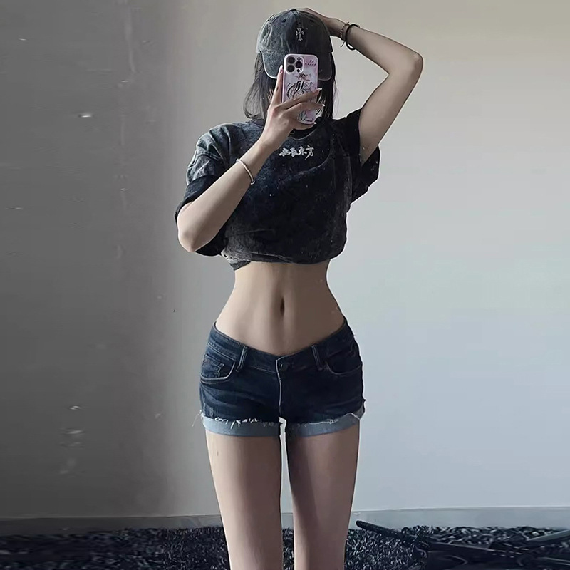 American Retro Dark Blue Denim Shorts for Women Summer Plus Size Sexy Y2K Slim Fit Hip-Hugging Hot Pants