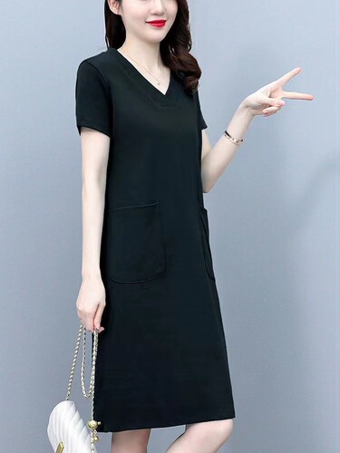 2025 pure color medium and long women's summer short-sleeved collar loose large size dress twisted silk linen pockets high waist dress for women