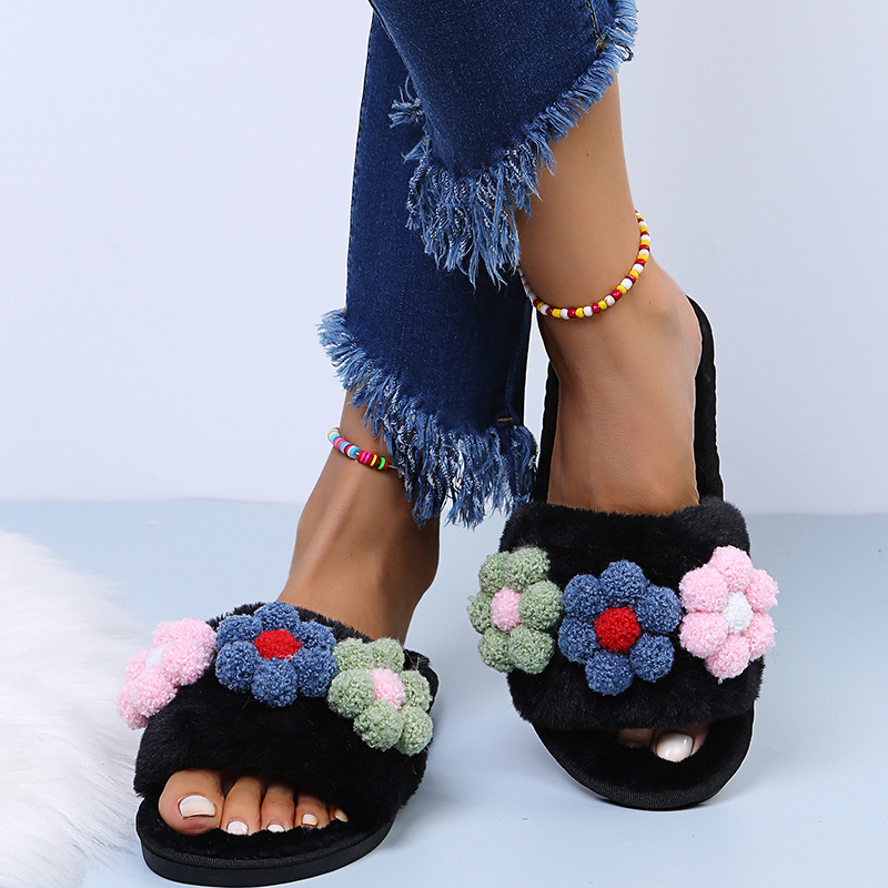 Flat-Bottomed Colorful Flowers Furry Slippers NSKJX104840