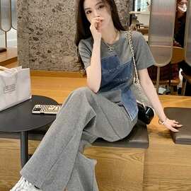 95%棉 灰色短袖休闲运动女夏季小众设计牛仔拼接时尚洋气减龄上衣