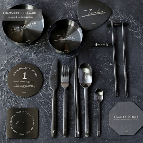 Simple industrial style stainless steel electroplated titanium black Western food chop knife soup spoon fork tea spoon coffee spoon chopsticks tableware