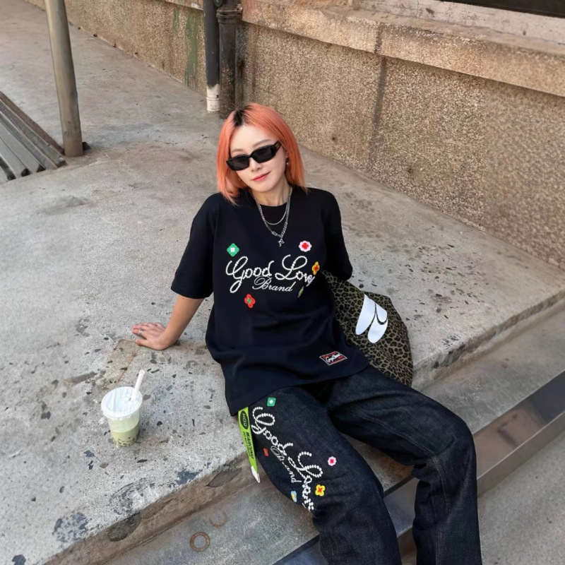 25ss小众潮牌GOOD小花复古藤蔓环绕牛仔休闲裤男女明星博主同款in|undefined
