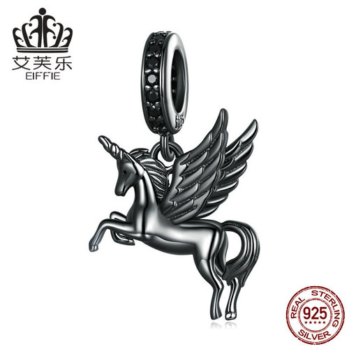 Evela Pure Silver S925 Black Heavenly Horse Pendant Necklace with Black Gold Zirconia Godlike Animal Charm SCC2389