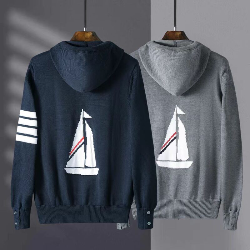 tb new yarn-dyed four bars men's and women's zipper hooded back anchor Korean thick loose long sleeve sweater