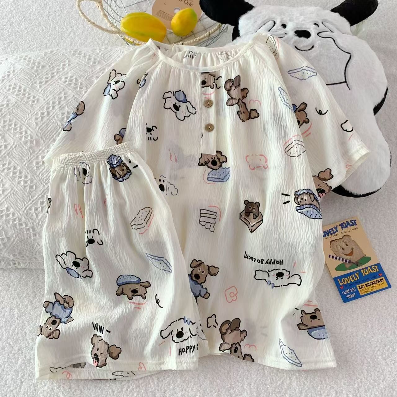 Venta al por mayor transfronteriza de nuevos pijamas de algodón de nube para mujer pantalones cortos de manga corta de verano con cuello redondo bordado dulce y simple servicio a domicilio