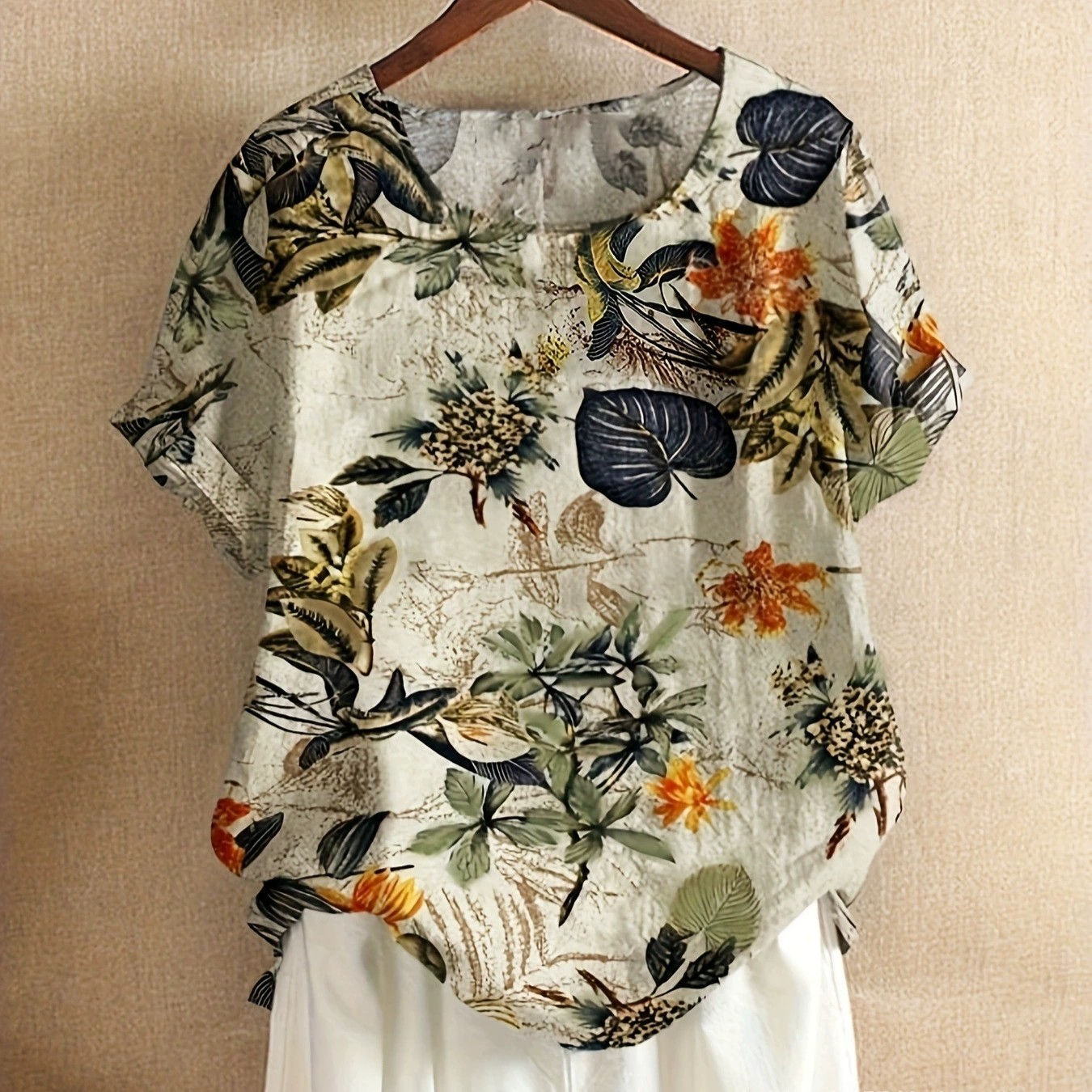 Летняя новая модель большого размера повседневная свободная хлопчатобумажная и льняная печать с короткими рукавами футболка ватная и льна женская одежда