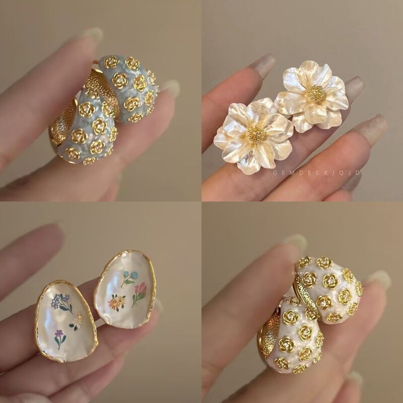 Embossed Haze Blue French Retro Drip Glaze Rose Flower Zircon Earrings for Women, Accessible Luxury, High-End and Niche Elegant