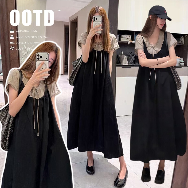 New Summer Products: Korean-Style Bow-Tie Top + Versatile Comfortable Suspender Skirt, Gray Top, Black Suspender Skirt New Summer Products: Korean-Style Bow-Tie Top + Versatile Comfortable Suspender Skirt, Gray Top, Black Suspender Skirt