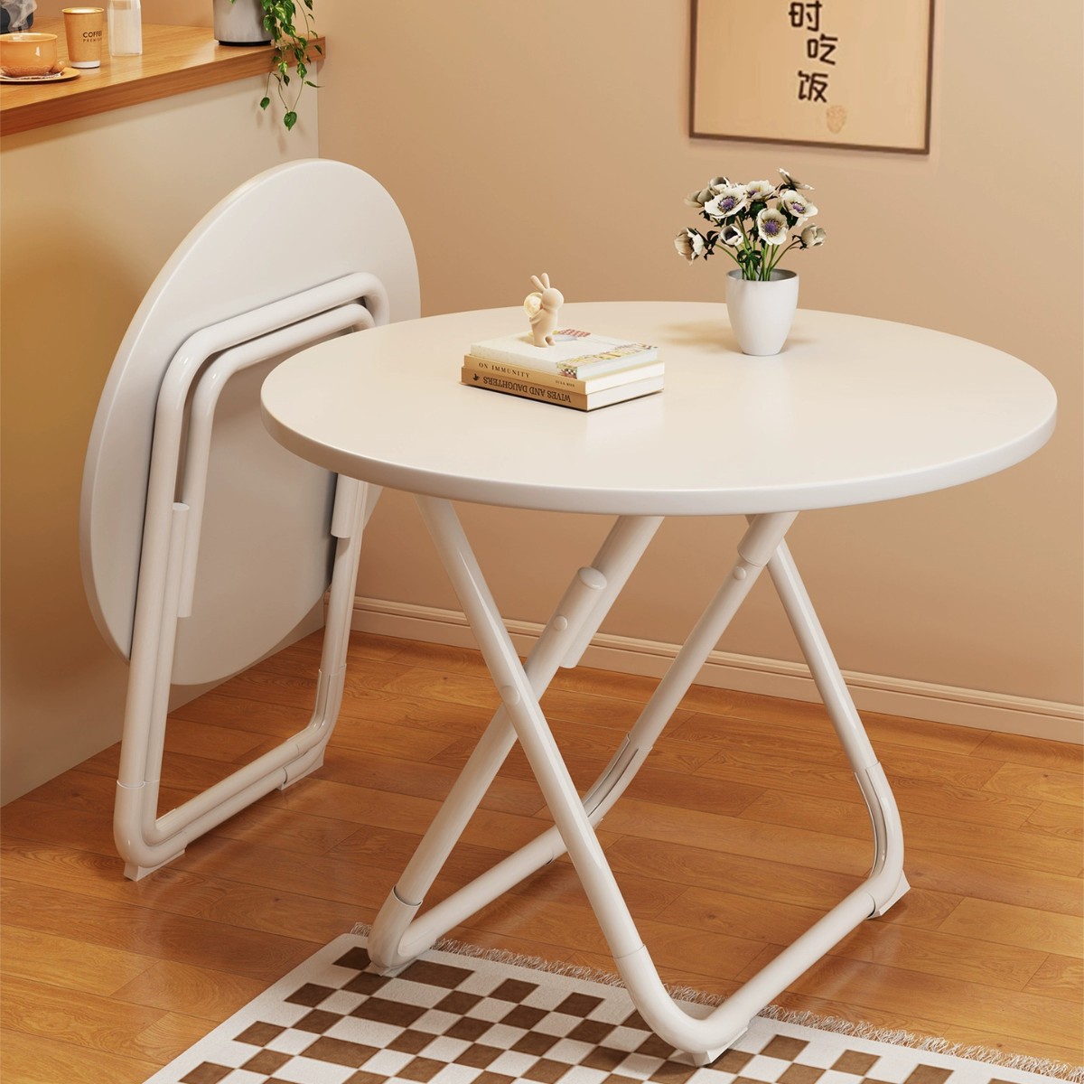 Foldable table round table household small apartment dining table simple balcony cream style small square table portable stall table