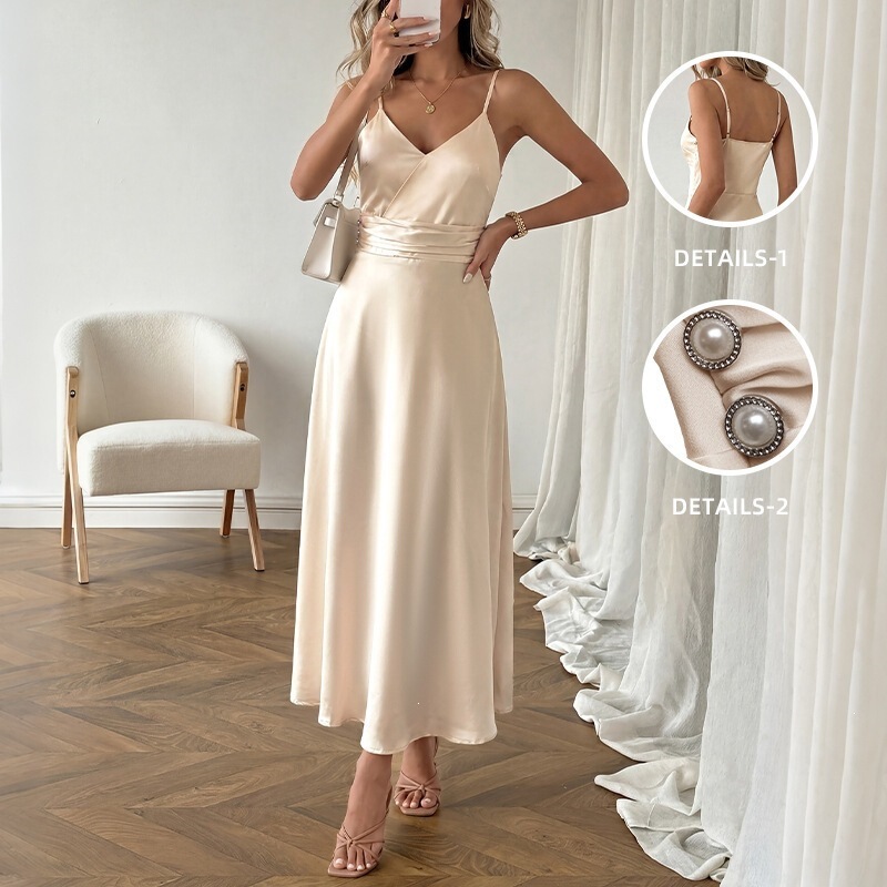 2026 Summer New Style Sleeveless Spaghetti Strap Dress European and American Foreign Trade Satin Waist-Cinching Elegant Long Dress for Women