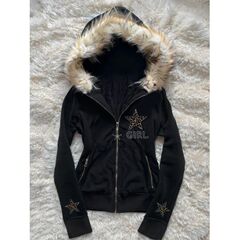 美式复古春秋冬女Vintage 黑色豹纹星星连帽毛领拉链卫衣收腰外套